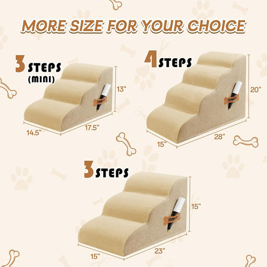 Romrol Dog Stairs Ramp for Beds Couches, Extra Wide Pet Steps with Durable Non-Slip Waterproof Fabric Cover, Dog Slope Stairs for Small Dogs and Cats or Pets Friendly, 3-Tiers, 13 Inch,Beige - Pawvie