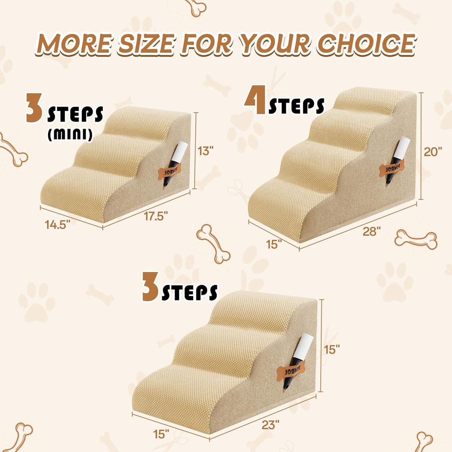 Romrol Dog Stairs Ramp for Beds Couches, Extra Wide Pet Steps with Durable Non-Slip Waterproof Fabric Cover, Dog Slope Stairs for Small Dogs and Cats or Pets Friendly, 3-Tiers, 13 Inch,Beige - Pawvie