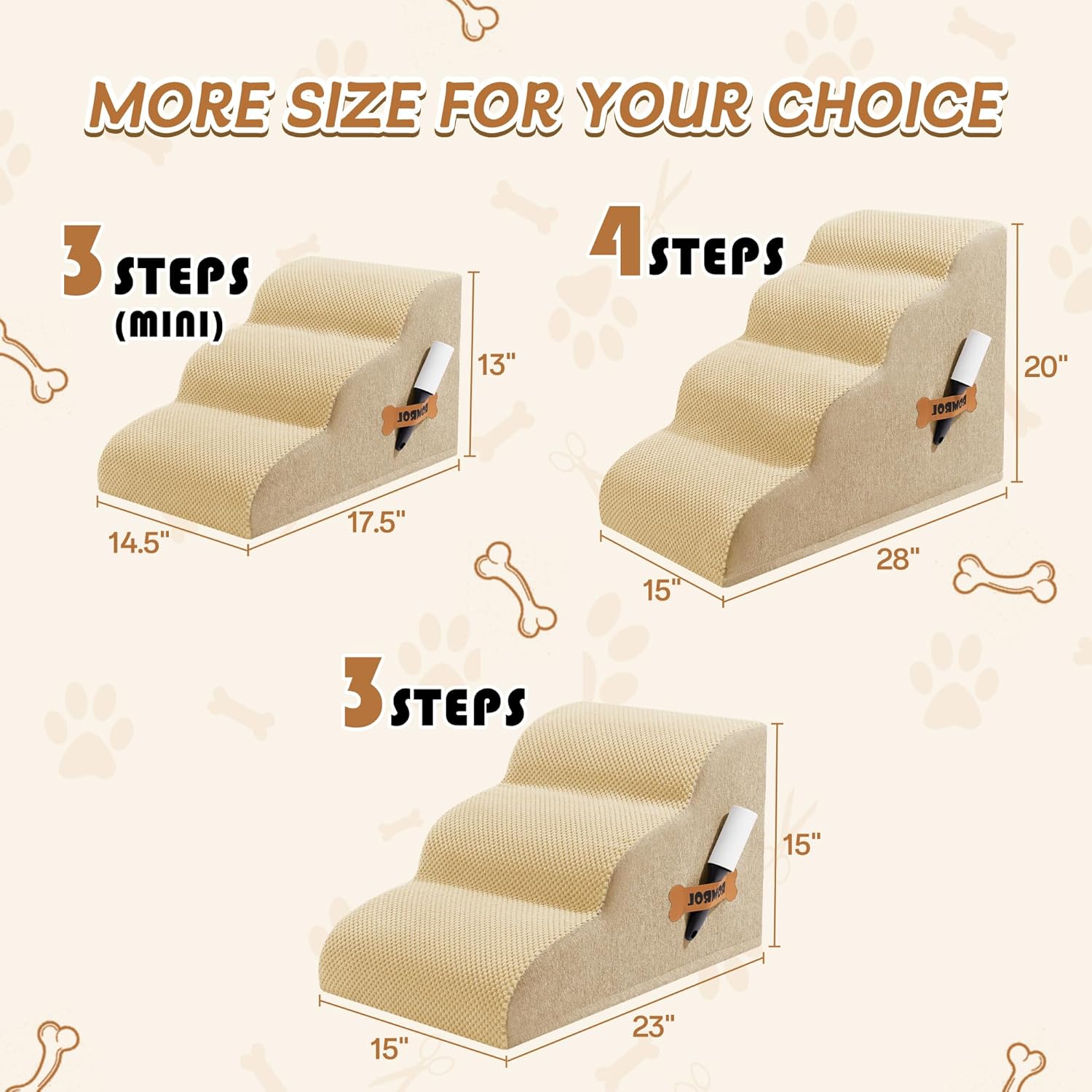 Romrol Dog Stairs Ramp for Beds Couches, Extra Wide Pet Steps with Durable Non-Slip Waterproof Fabric Cover, Dog Slope Stairs for Small Dogs and Cats or Pets Friendly, 3-Tiers, 13 Inch,Beige - Pawvie