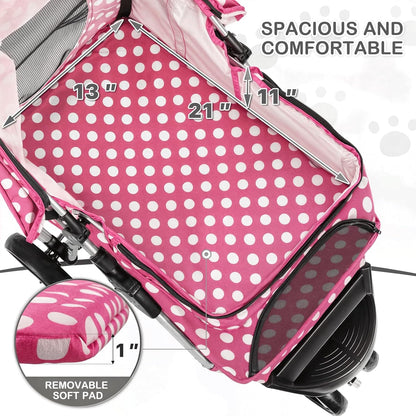 MoNiBloom 3 Wheels Pet Dog Cat Stroller for Small Medium Dogs Cats, Foldable Jogger Stroller w/Storage Basket and Cup Holder, Hot Pink Polka Dots - Pawvie
