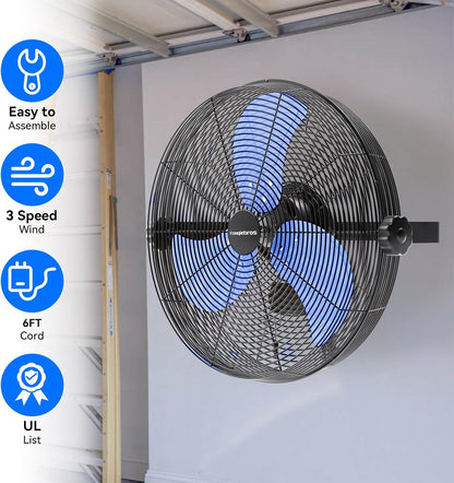 4580 CFM 18 inch High Velocity Wall Mounted Fan, 3-Speed Metal Fan with Sealed Motor, 360 Degree Tliting Heavy Duty Wall Fan for Patio, Barn, Garage, and Gazebo - UL listed