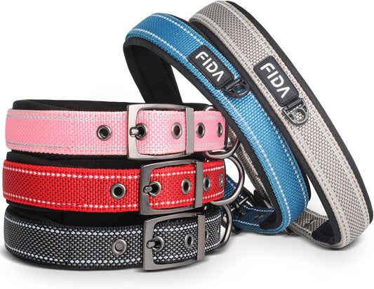 Fida Heavy Duty Dog Collar, Ultra Comfortable Soft Neoprene Padded, Adjustable Reflective Nylon Pet Collar with Durable Metal Belt Buckle for Large Breeds (L, Grey)