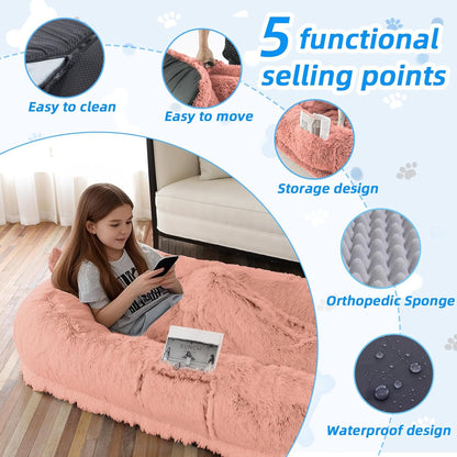 Human Dog Bed for Adults & Pets, 63"x32"x10" Faux Fur Nap Bed with Pillow, Blanket & Strap, Orthopedic Washable Lounger for Sleeping, Relaxing, Cuddling – Pink