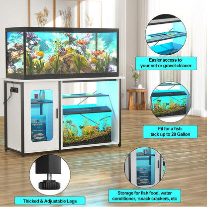 55-75 Gallon Fish Tank Stand with Power Outlets & LED Light, Reversible Heavy Duty Metal Aquarium Stand with Cabinet for Fish Tank Accessories Storage, Turtle/Reptile Terrariums, White