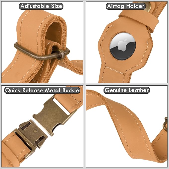 AirTag Dog Collar - Genuine Leather Dog Collar with Apple AirTag Holder and Metal Buckle - Smart GPS Tracking Pet Collars (Light Brown, M, 14"-18" Neck Fit)