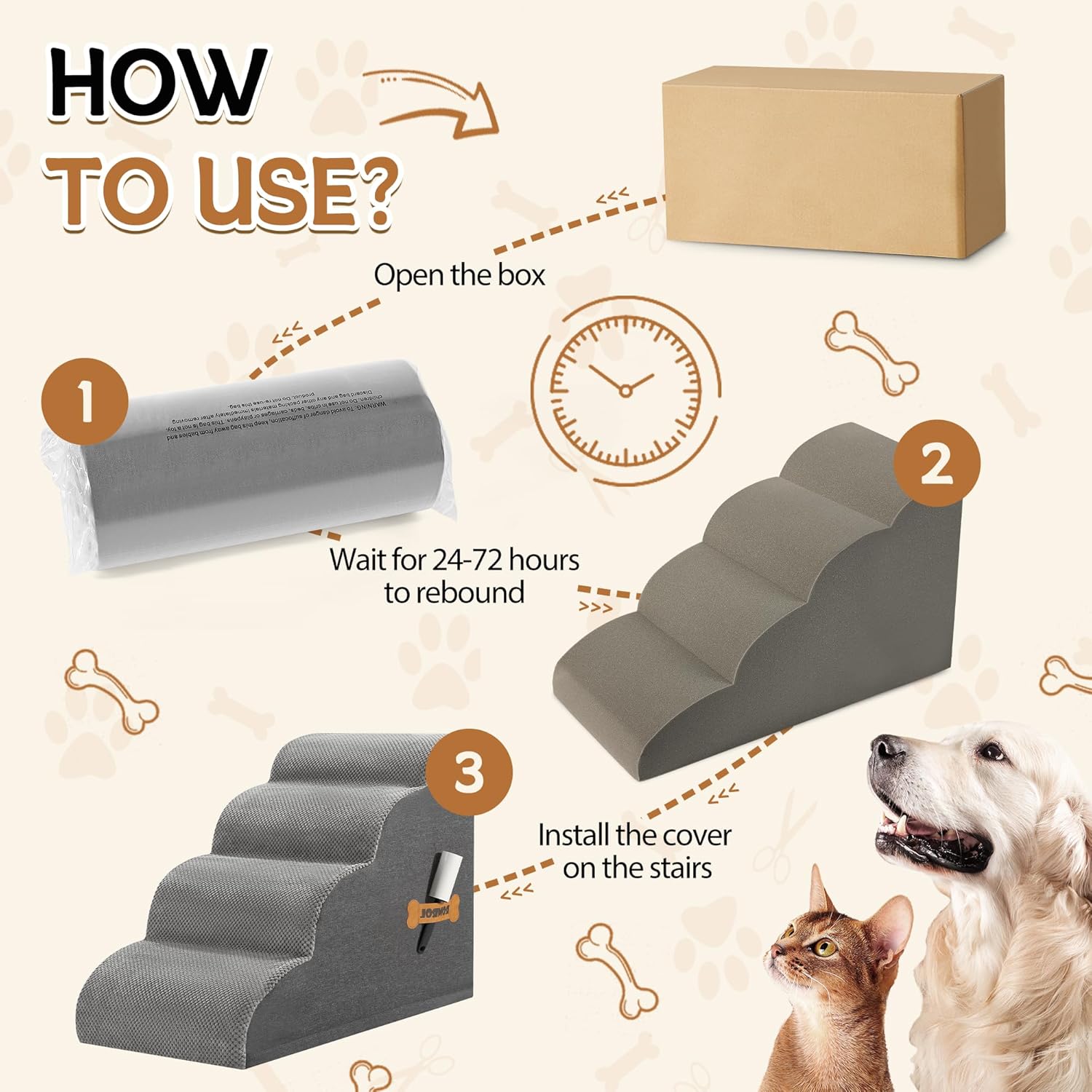Dog Stairs, Romrol Dog Steps Ramp for High Bed and Couch, Dogs Ramp with Durable Non-Slip Waterproof Fabric Cover, Pet Stairs for Small Dogs and Cats or Pets Joints, 4-Tiers,Grey - Pawvie