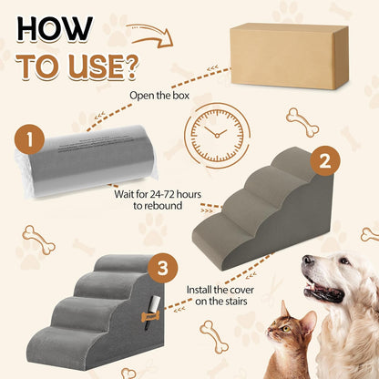 Dog Stairs, Romrol Dog Steps Ramp for High Bed and Couch, Dogs Ramp with Durable Non-Slip Waterproof Fabric Cover, Pet Stairs for Small Dogs and Cats or Pets Joints, 4-Tiers,Grey - Pawvie