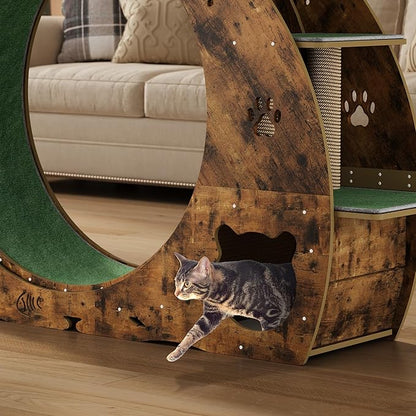 55" Multi-Cat Exercise Wheel with 3-Level Jumper & Scratching Pad - Silent TPE Spinner Activity Center with Rest Area to Prevent Boredom and Obesity in Indoor Cats