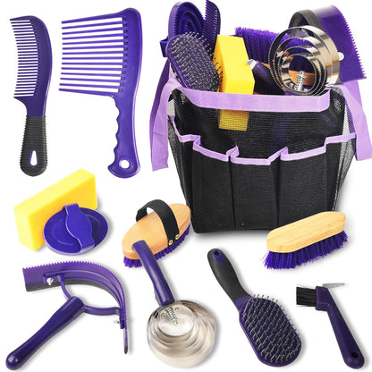 Horse Grooming Kit - 11 Piece Bathing Supplies with Organize Bag, Full Body Kit Including Sweat Scraper, Bath Sponge, Hoof Pick, Massage Comb (Purple)