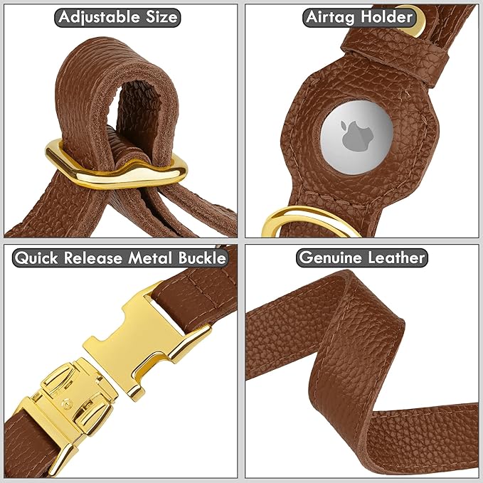 Leather Airtag Dog Collar - Soft Tracking Dog Collar with Apple AirTag Holder and Metal Buckle - Safety GPS Pet Collars for Small Medium Large Dogs Puppy Pink Red (Brown, M, 14"-18" Neck Fit)