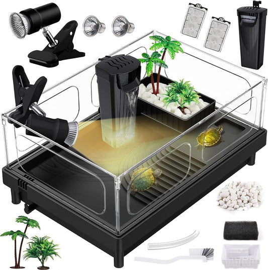Small Turtle Tank Kit, Acrylic Turtle Tank Starter Kit with Basking Platform, Bottom Drainage, Multi-Function Areas for Turtles, Crabs, Crayfish, Small Reptiles. (Black Kit) - Pawvie