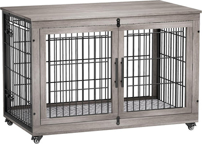 Lulive Dog Crate Furniture, XL Wooden Dog Kennel Indoor Double Doors Dog Cage, 44'' Heavy Duty Dog Crate with Cushion & Wheels, Decorative End Table Chew-Resistant for Extra Large/Medium, Grey