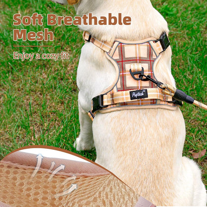 PUPTECK No Pull Dog Harness Medium Sized, Adjustable Reflective Dog Harness with Handle Easy Control, Comfortable Soft Padded Pet Vest Harness for Medium Dogs, Plaid Beige M
