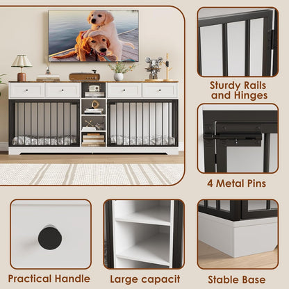 GarveeHome 82" Double Dog Crate Furniture, Large Dog Kennel Indoor for 2 Dogs, Heavy Duty Wooden Dog Crate TV Stand with 4 Drawers and Shelves, White/Brown