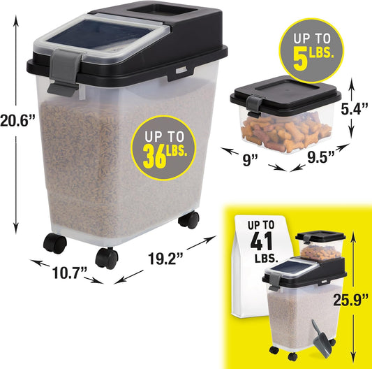 Mighty Tuff 3 Piece Airtight Dog Food Storage Container, Up to 36 lbs, with 5 lbs Dog Treat Container and Portion Scoop â BPA Free Airtight Pet Food Bin on Wheels