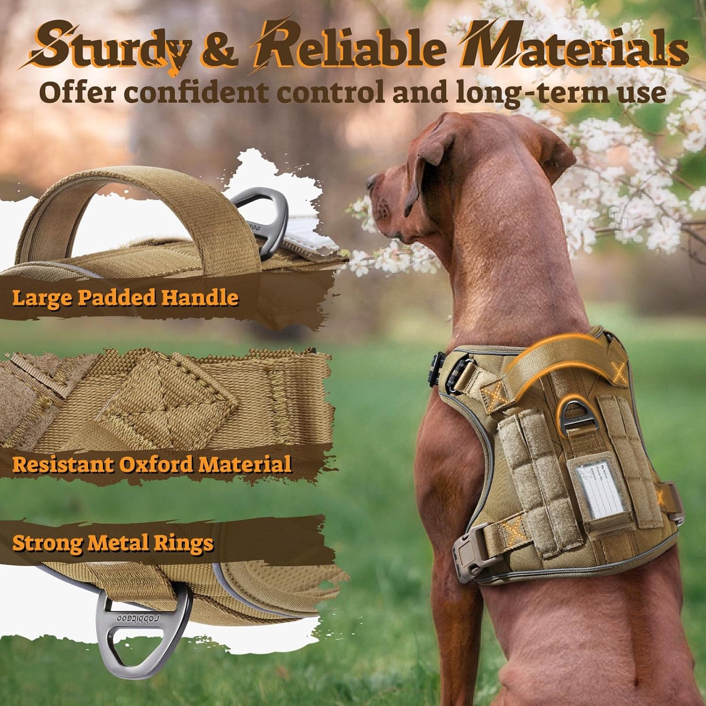 rabbitgoo Dog Harness Small Sized No Pull, Tactical Service Pet Vest with Molle and Control Handle, Adjustable and Reflective Military Harness for Easy Walking and Training, Brown, S