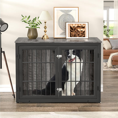 42" Heavy Duty Dog Crate Furniture for Large and Medium Dogs, Enclosed Design Wooden Metal Kennel, Wooden Cage Furniture Indoor, Decorative Dog Kennel End Table