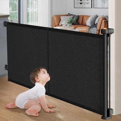 Upgrade Retractable Baby Gates, 35" Tall Extends up to 60" Wide, Mesh Dog Gate Indoor for Stairs, Outdoor Reinforced Pet Gate with Support Rods for Doorways Hallways Kitchen Bedroom, Black