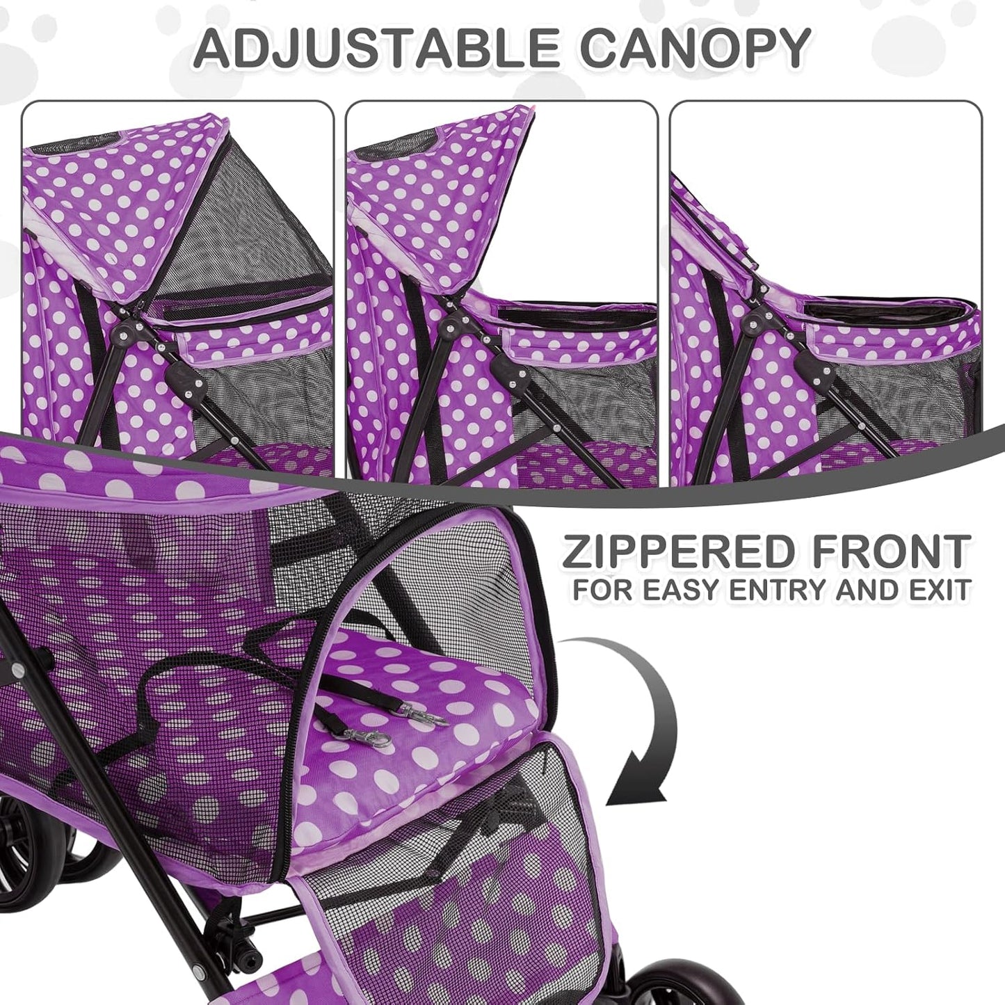 MoNiBloom 4 Wheels Pet Stroller, Easy-Fold Umbrella Shaped Dog Cat Jogger Stroller w/Storage Bag & Visible Mesh for Small/Medium Dogs Cats Purple Polka Dots - Pawvie