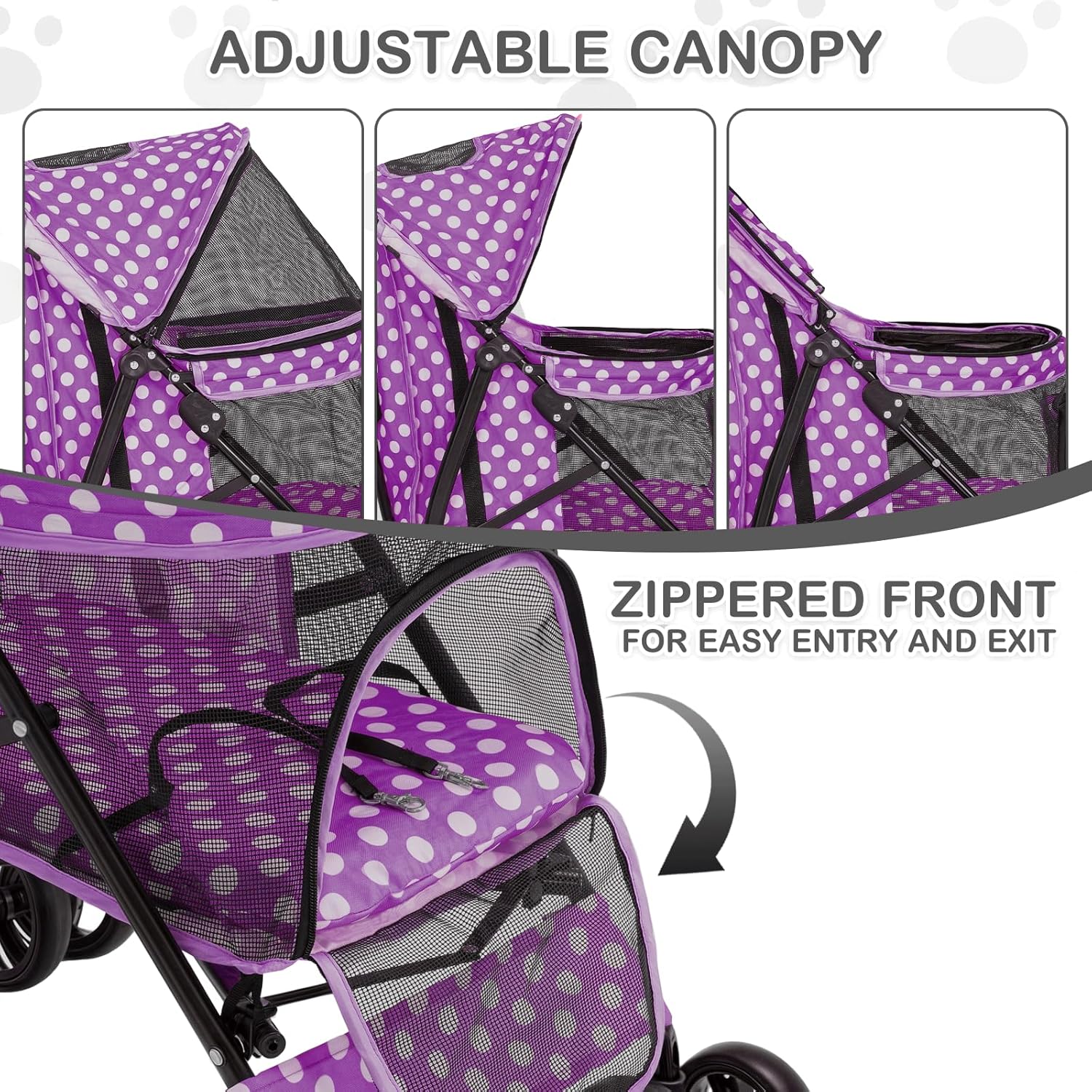 MoNiBloom 4 Wheels Pet Stroller, Easy-Fold Umbrella Shaped Dog Cat Jogger Stroller w/Storage Bag & Visible Mesh for Small/Medium Dogs Cats Purple Polka Dots - Pawvie