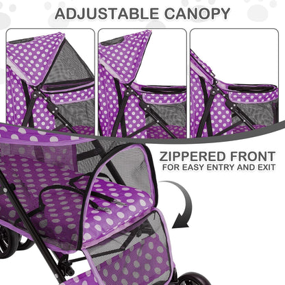 MoNiBloom 4 Wheels Pet Stroller, Easy-Fold Umbrella Shaped Dog Cat Jogger Stroller w/Storage Bag & Visible Mesh for Small/Medium Dogs Cats Purple Polka Dots - Pawvie