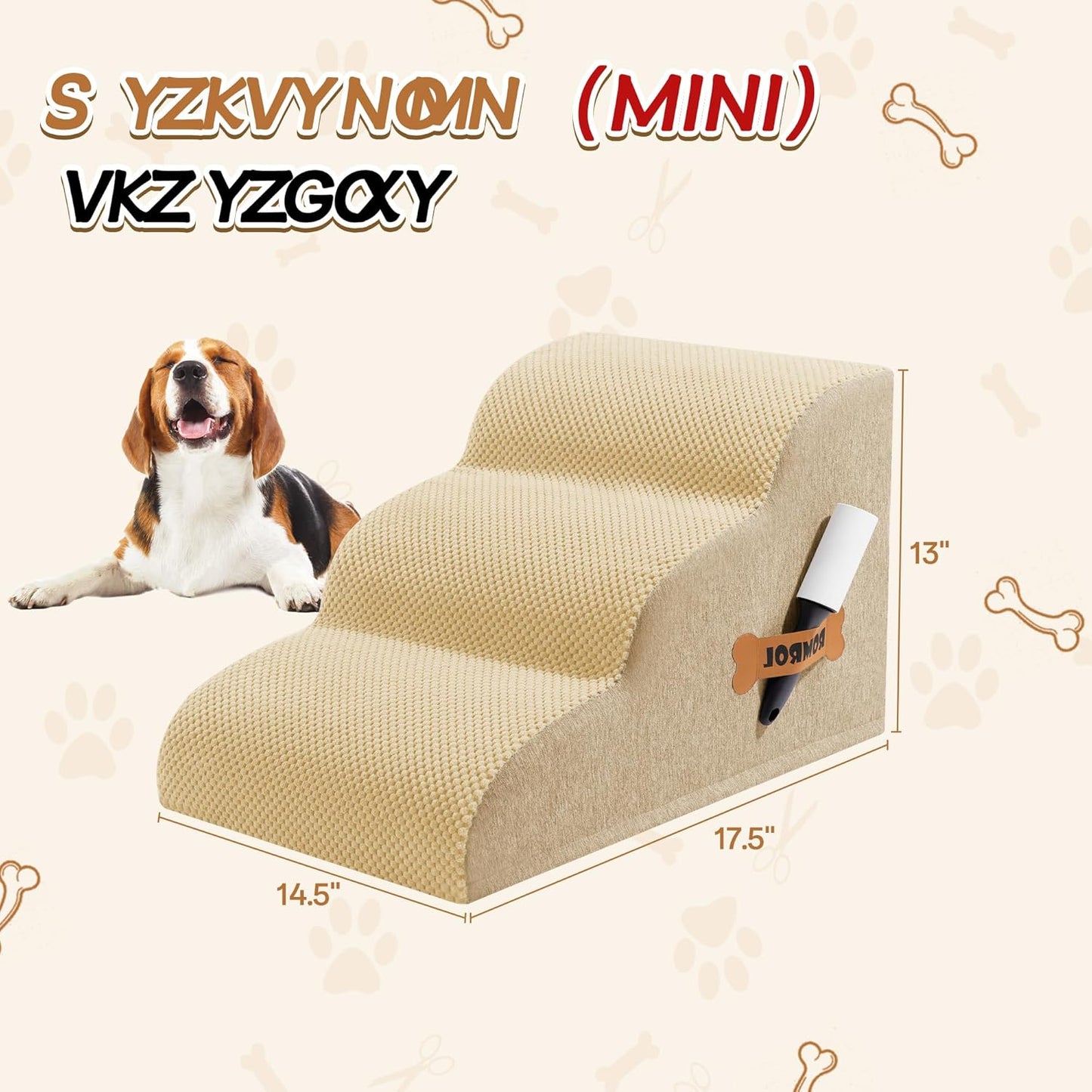 Romrol Dog Stairs Ramp for Beds Couches, Extra Wide Pet Steps with Durable Non-Slip Waterproof Fabric Cover, Dog Slope Stairs for Small Dogs and Cats or Pets Friendly, 3-Tiers, 13 Inch,Beige - Pawvie