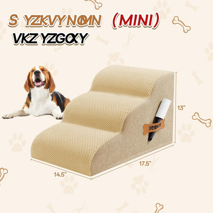 Romrol Dog Stairs Ramp for Beds Couches, Extra Wide Pet Steps with Durable Non-Slip Waterproof Fabric Cover, Dog Slope Stairs for Small Dogs and Cats or Pets Friendly, 3-Tiers, 13 Inch,Beige - Pawvie