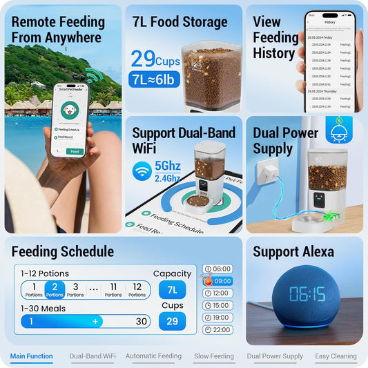Automatic Cat Feeder with Slow Feed: 5G WiFi Automatic Dog Feeder with Smart APP Control, Auto Cat Food Dispenser with Alexa for Multiple Pets, Detachable for Easy Cleaning - 29 Cupďź7Lďź