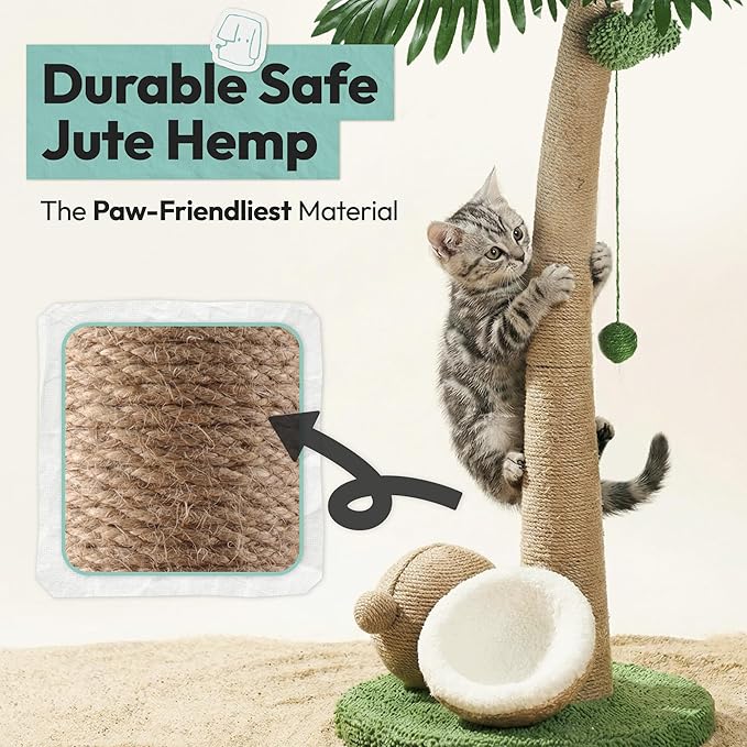 Cat Scratching Post 33 Inch Palm Tree with Hanging Balls and Double Coconut Toys, Cat Scratcher for Indoor Kittens, Extra Stable Base, Paw-Friendly Jute Material M
