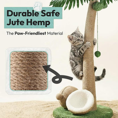 Cat Scratching Post 33 Inch Palm Tree with Hanging Balls and Double Coconut Toys, Cat Scratcher for Indoor Kittens, Extra Stable Base, Paw-Friendly Jute Material M