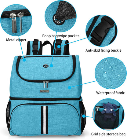 BAGLHER Pet Travel Bag, Double-Layer Pet Supplies Backpack (for All Pet Travel Supplies), Pet Travel Backpack with 2 Silicone Collapsible Bowls and 2 Food Baskets Sky Blue - Pawvie