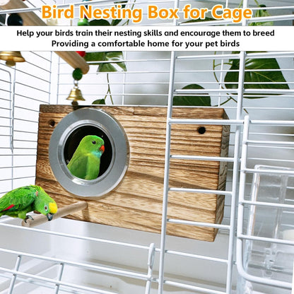 kathson Parrots Nesting Box Parakeet Nest House for Cage Budgie Breeding Hut with Coconut Fiber Bedding Wooden Bird Mating Box for Lovebirds and Small Parrot Birds