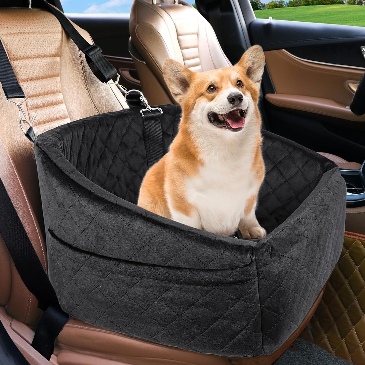 Dog Car Seat for Small Medium Dogs,Detachable Washable Dog Booster Seat Under 30lbs, Pet Car Seat Travel Bed with Storage Pockets and Dog Safety Belt (Black) - Pawvie