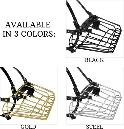 German Shepherd Dog Muzzle Metal Basket for Medium Large Dogs Adjustable Durable Leather Straps Secure Wire Mask for Biting Chewing Barking (Black, M - Size)