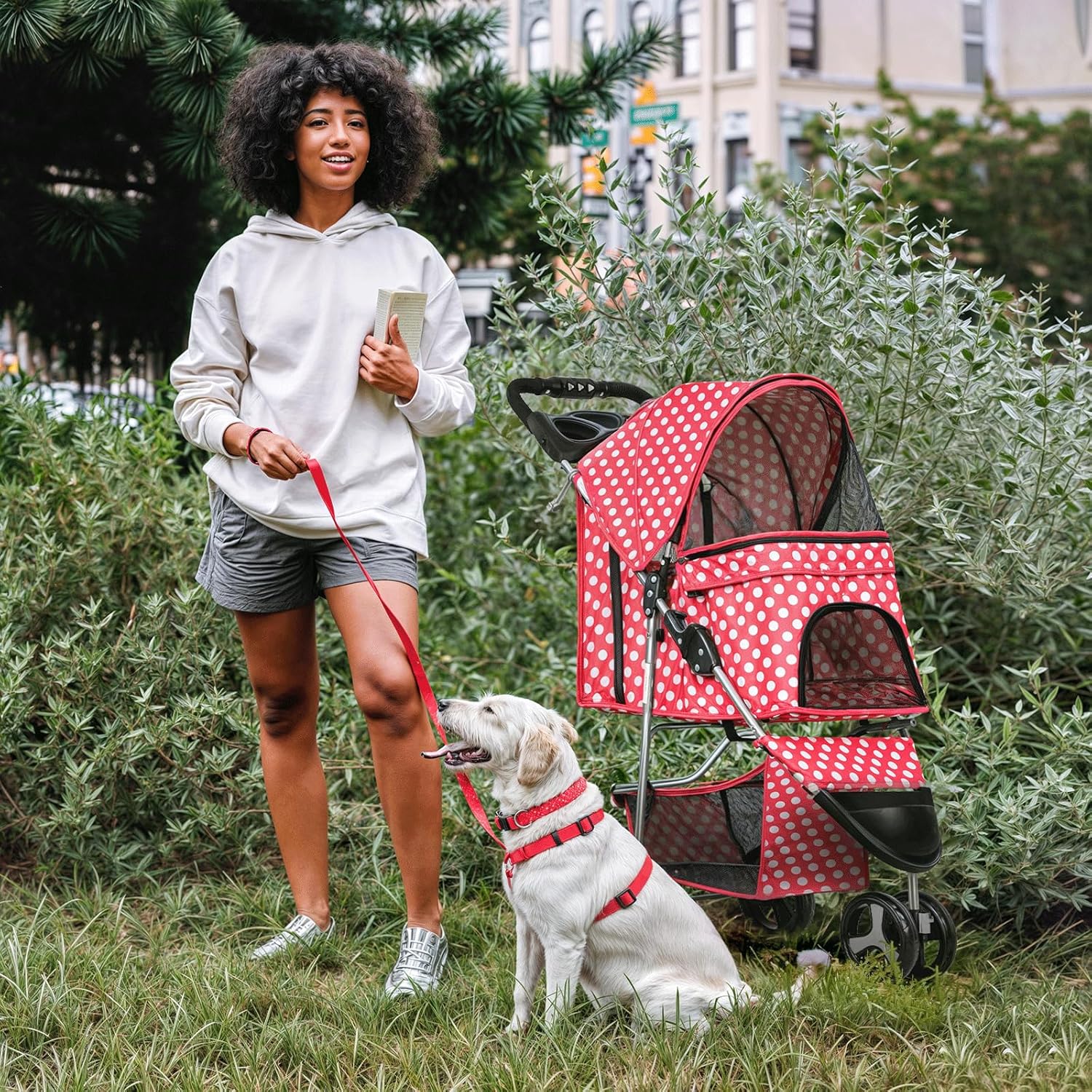 MoNiBloom 3 Wheels Pet Dog Cat Stroller for Small Medium Dogs Cats, Foldable Jogger Stroller w/Storage Basket and Cup Holder, Hot Pink Polka Dots - Pawvie