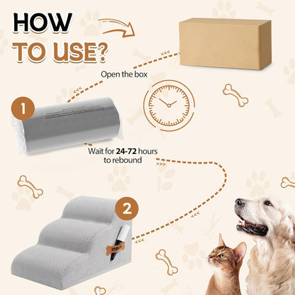 Romrol Dog Stairs Ramp for Beds Couches, Extra Wide Pet Steps with Durable Non-Slip Waterproof Fabric Cover, Dog Slope Stairs for Small Dogs and Cats or Pets Friendly, 3-Tiers, 13 Inch,Light Grey - Pawvie