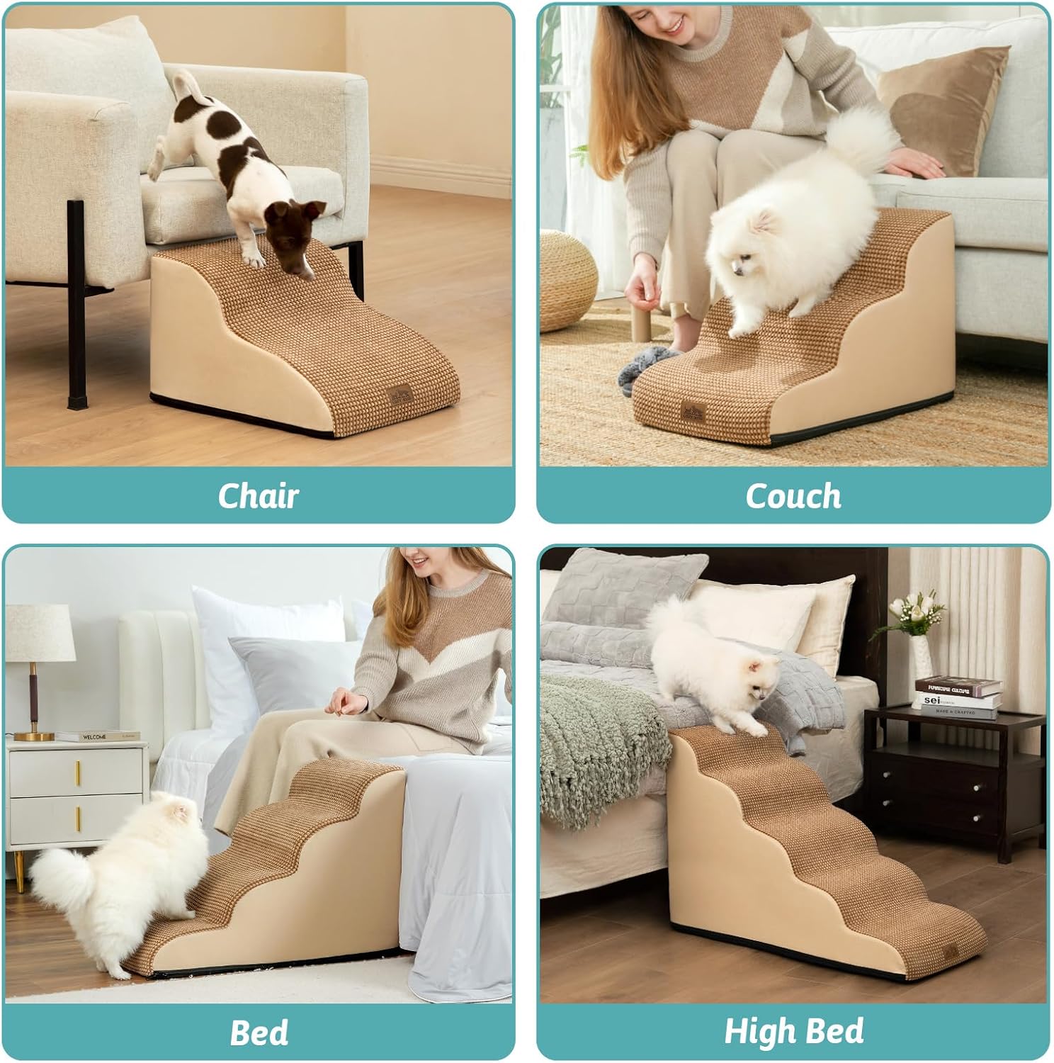 Dog Stairs for Small Dogs 15.7" H, Curved Dog Step for Puppy, Older Cat, Medium Pet Ramp for Sofa, Couch or Chair, Ladder with High Density Foam, 15.7x22.4x15.7 inch, 3 Step, Light Brown - Pawvie