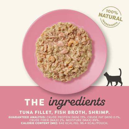 Applaws Natural Wet Cat Food in Broth, Limited Ingredient Wet Cat Food Pouches, No Additives, Made with Natural Ingredients, Tuna Fillet with Shrimp in Broth (12 x 5.3oz Pouches)