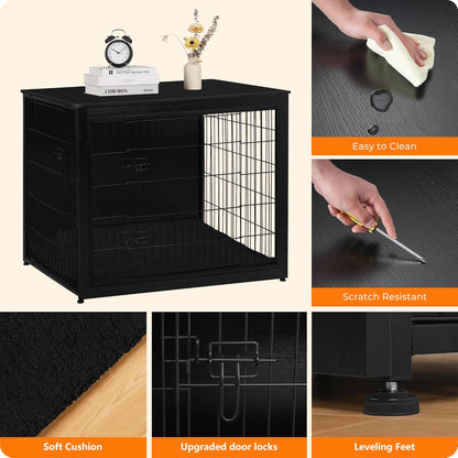 DWANTON Dog Crate Furniture with Cushion, Wooden Kennel Table with Double Doors, Indoor Dog House, Extra Large Size, 43.3" L, Black