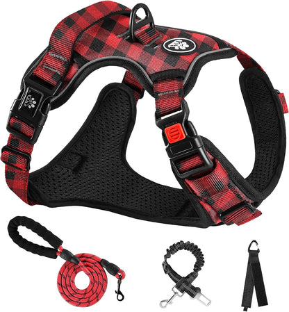 NESTROAD No Pull Dog Harness with Leash, Reflective No Choke Pet Vest Harness,Adjustable Soft Padded Dog Harness with Easy Control Handle for Large Dogs(Checkered Red,X-Large)