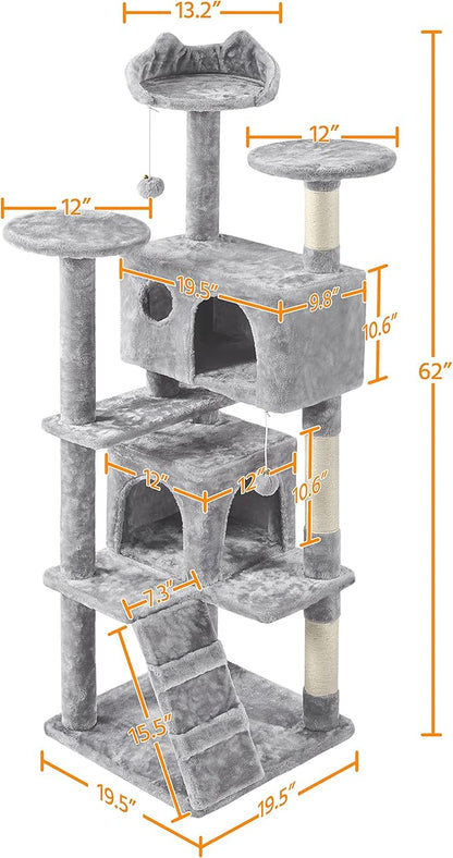 Yaheetech 62in Cat Tree Cat Tower for Indoor Kitty, Pet Furniture w/Double Condo, Scratching Posts, Multiple Platforms and Balls for Kittens, Light Gray