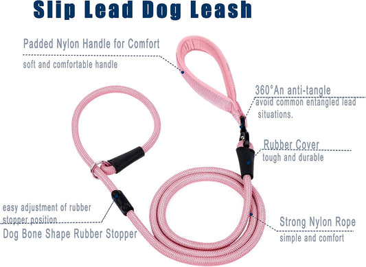 Slip Lead Dog Leash，Strong Nylon Rope Leash and Padded Handle,No Pull Outdoor Walking Training Lead for Small Medium Large Dogs(Pink, 1/2"×6ft)
