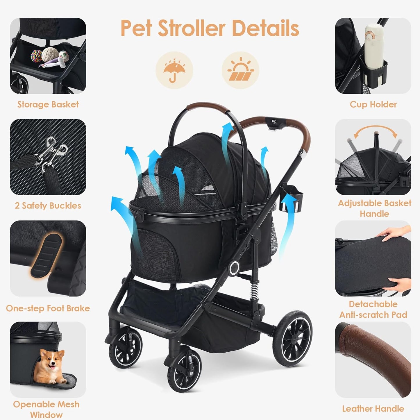Pet Stroller with 4 Wheels, 3 IN 1 Folding Puppy Strollers for Small/Medium Dogs Cats up to 50lbs, Lightweight Pet Travel Carrier with Detachable Cushion, Storage Basket and Cup Holder, Black - Pawvie