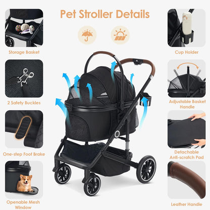 Pet Stroller with 4 Wheels, 3 IN 1 Folding Puppy Strollers for Small/Medium Dogs Cats up to 50lbs, Lightweight Pet Travel Carrier with Detachable Cushion, Storage Basket and Cup Holder, Black - Pawvie