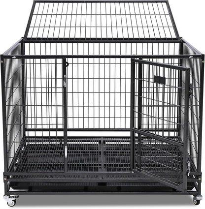 43" Collapsible and Stackable Large Dog Crates, Heavy Duty Dog Kennel Cage Open Top Double Doors W/Feeding Door, Dual Safe Locks, 360° Lockable Casters, Removable Tray & Metal Floor Grids