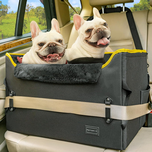 PETSFIT Dog Booster Car Seat, Dog Car Seats for Medium Sized Dogs or 2 Small Pets with 2 Safety Leashes and Patented Buckles, Carseat for Dogs with Storage Pockets for Pets Under 45Lbs (Black) - Pawvie