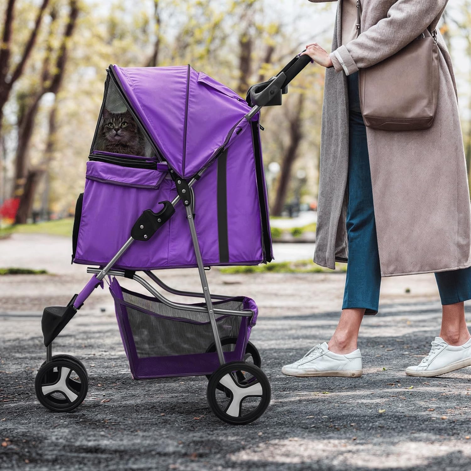 MoNiBloom 3 Wheels Pet Dog Cat Stroller for Small Medium Dogs Cats, Lightweight Foldable Jogger Stroller w/Storage Basket and Cup Holder, Purple - Pawvie
