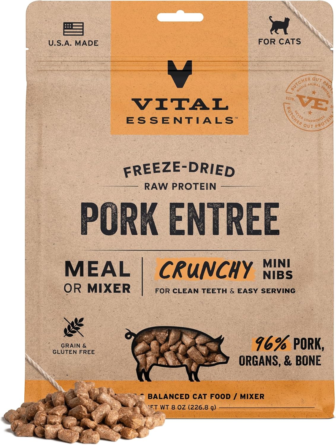 Vital Essentials Freeze-Dried Raw Pork Meal or Mixer Cat Food Crunchy Nibs, 8 oz