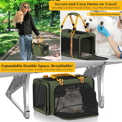 PAWZIDEA Expandable Pet Carrier w/ID Card, 18x11x11 in Small Dog Carrier TSA Airline Approved, Top Load Cat Carrier for 2 Cats Under Seat, Soft-Sided Collapsible Puppy Car Seat Dog Travel Bag, Up 15lb
