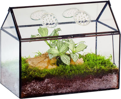 NCYP Glass Terrarium with Lid and Air Holes for Snails, Succulents Plants, Small Cactus - 10.2" x 5.9" x 8.2" House Shape Geometric Clear Box, Indoor Tabletop Decor Black (Terrarium Only)